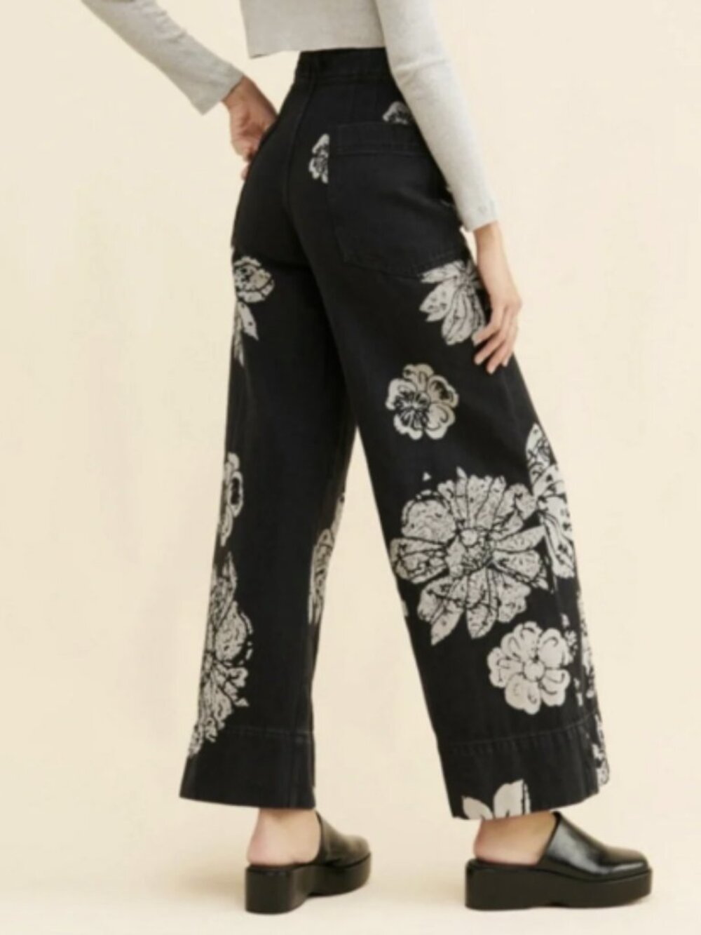 We The Free Free People Talia Wide Leg High Rise Floral Print Black Jeans Sz 32 - Picture 2 of 11
